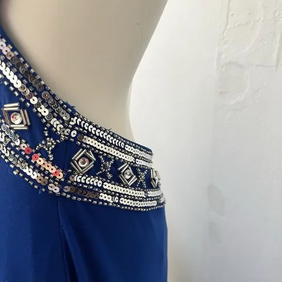 Betsy And Adam Beaded One Shoulder Floor Length Dress Gown 4 Blue Winter Holiday - Picture 7 of 13